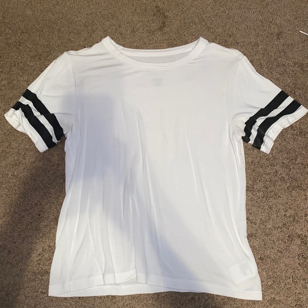 White crop top with black stripes on sleeve
